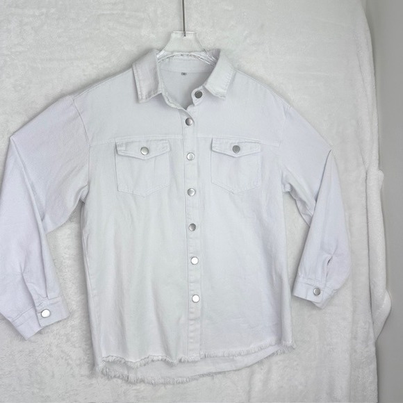 White Denim Shacket Jacket with Frayed Hem Western Style - Picture 1 of 12